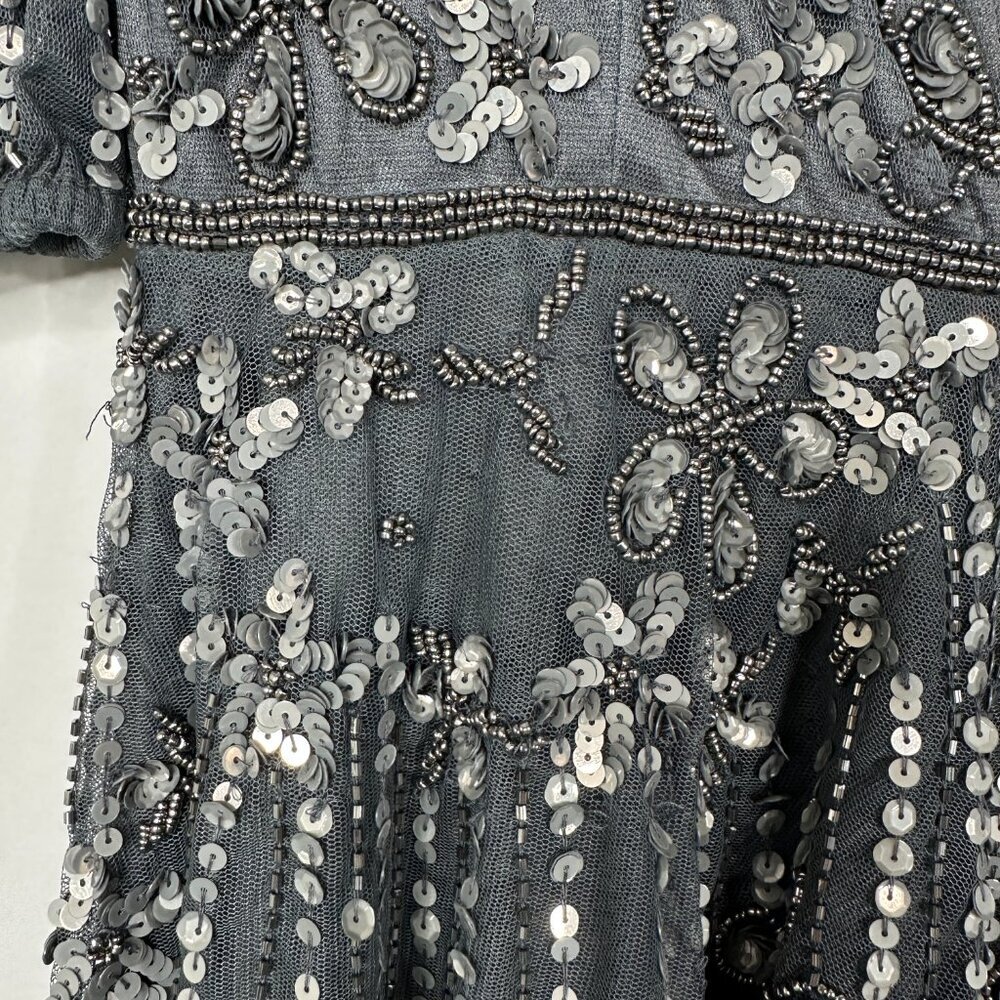 FLAW - Mac Duggal Puff Quarter Length Sleeve V-Neck Dress Pewter 2 #A0076 - Picture 6 of 11